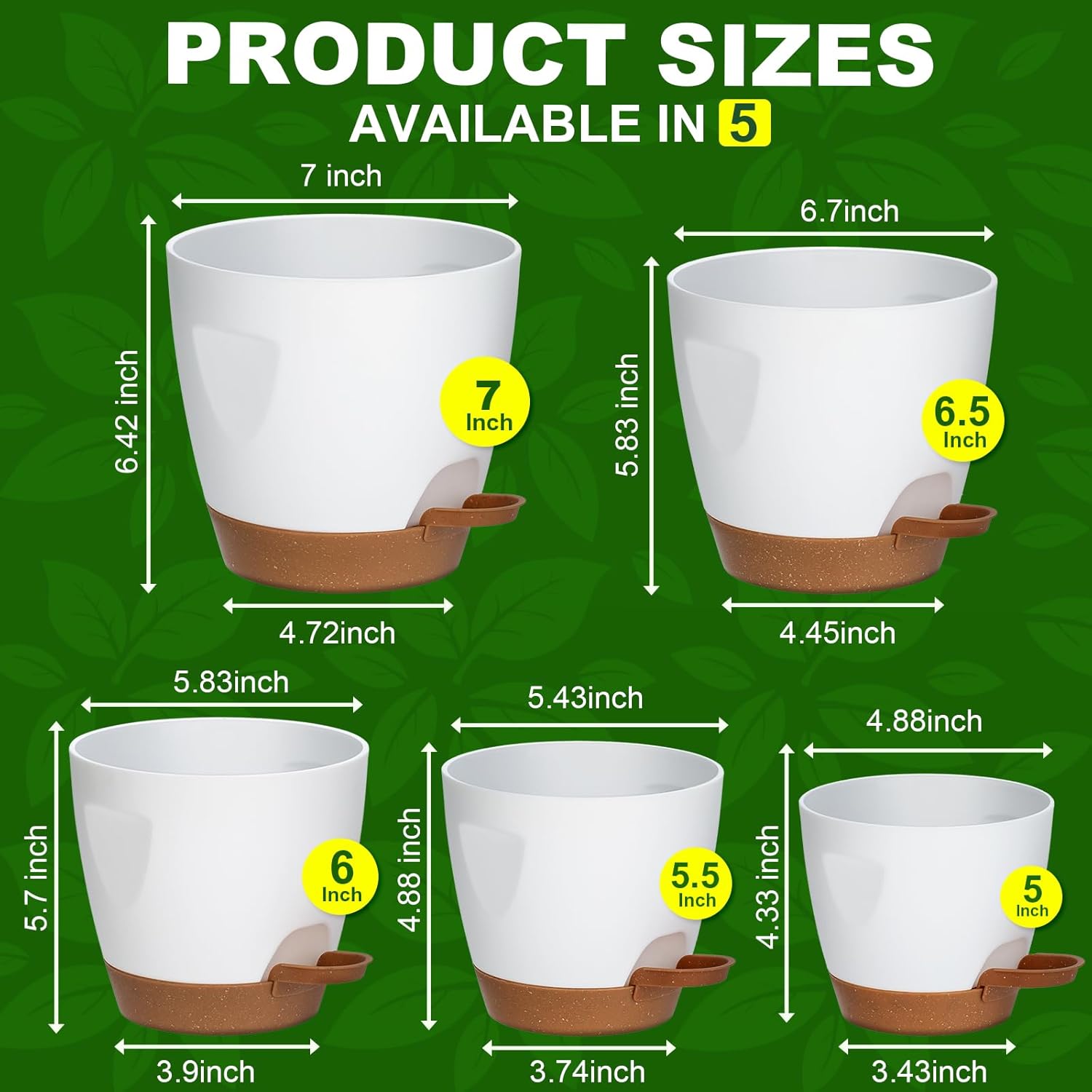 Uneed Indoor Self Watering Planters with Drainage Holes and Saucers, 7/6.5/6/5.5/5 Inch-5 Pots,for
