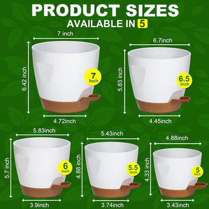 Uneed Indoor Self Watering Planters with Drainage Holes and Saucers, 7/6.5/6/5.5/5 Inch-5 Pots,for