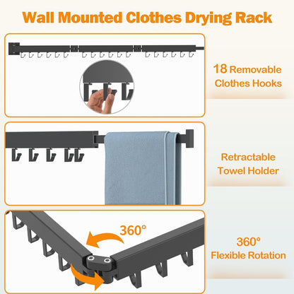 Foldable Clothes Drying Rack, 2 Fold Laundry Drying Rack Wall Mount, [No Drilling] Folding &