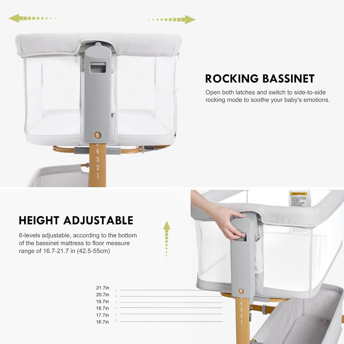 Baby Bassinet Bedside Sleeper, 3-in-1 Rocking Bassinet for Baby with 6-Level Height Adjustable, 4