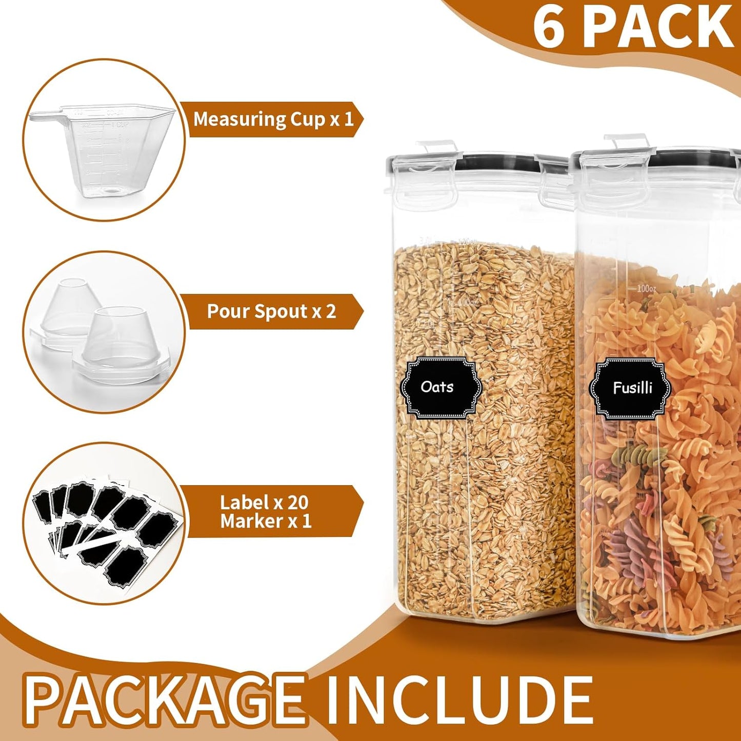 Cereal Containers Storage Set (4L / 135.2oz), 6PCS Airtight Food Storage Containers with Lids