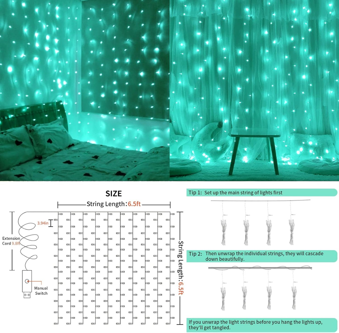 suddus Curtain Lights for Christmas, 200 Led 6.5ft x 6.5ft Hanging String Lights Outdoor, Fairy
