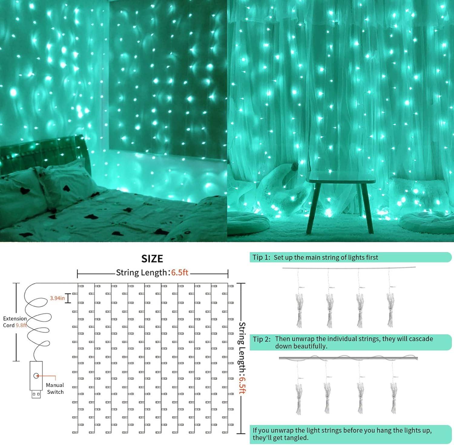 suddus Curtain Lights for Christmas, 200 Led 6.5ft x 6.5ft Hanging String Lights Outdoor, Fairy