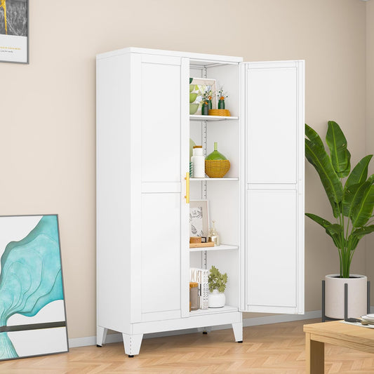 White Metal Storage Cabinet, 48" Steel Cabinets for Home Office, Kitchen Pantry Storage Cabinet