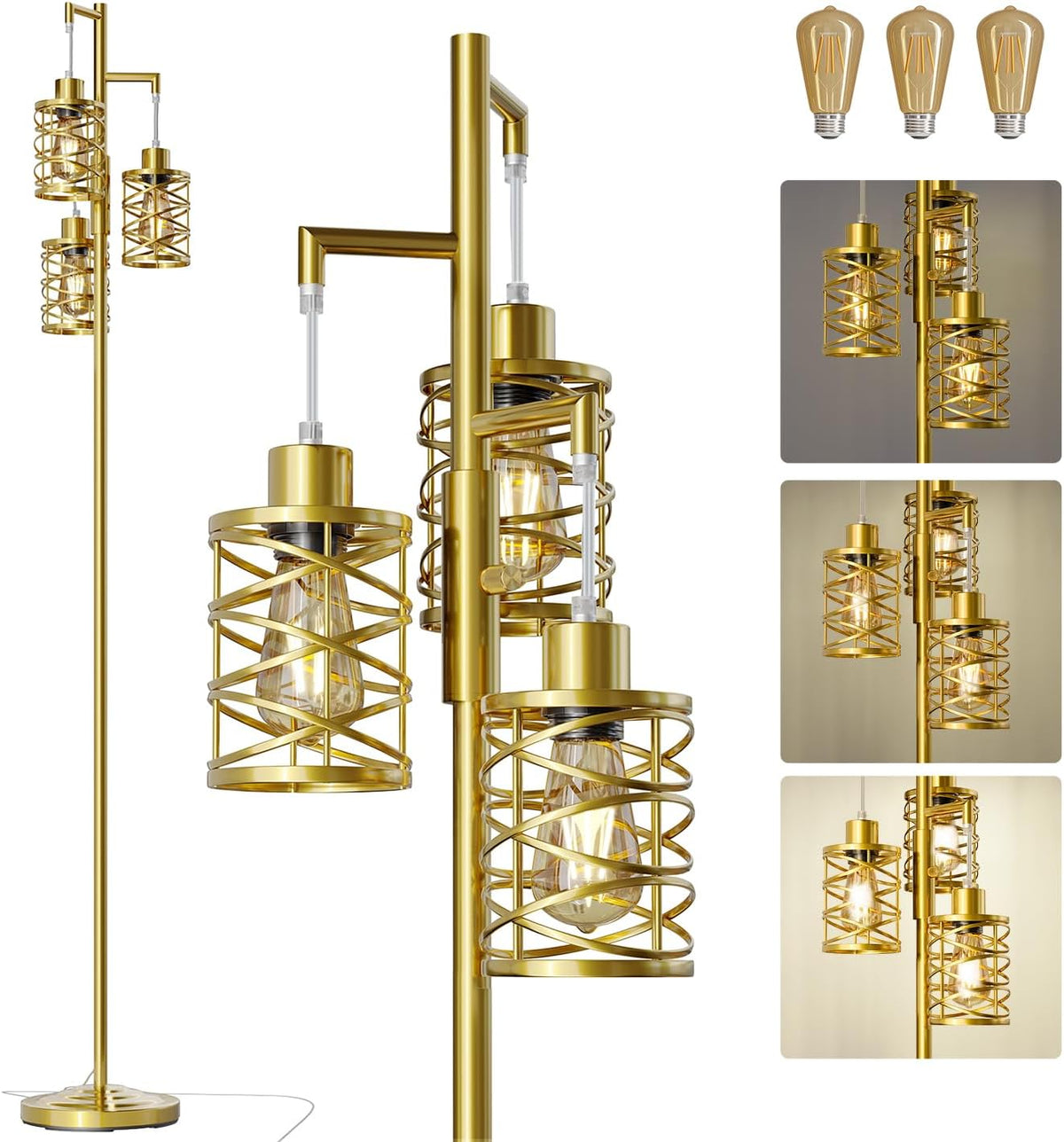 Oneach 70" Industrial Floor Lamp, Stepless Dimmable Standing Lamp with 3 Bulbs, Farmhouse Corner