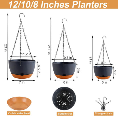 8/10/12 inch Plant Pot Hanging Planters Self Watering Pots for Indoor Plants, 3 Pack Plastic