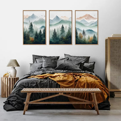 HLNIUC Misty Mountain Forest Framed Wall Art Set,Green Fog Pine Tree Wall Decor,White Foggy Forest