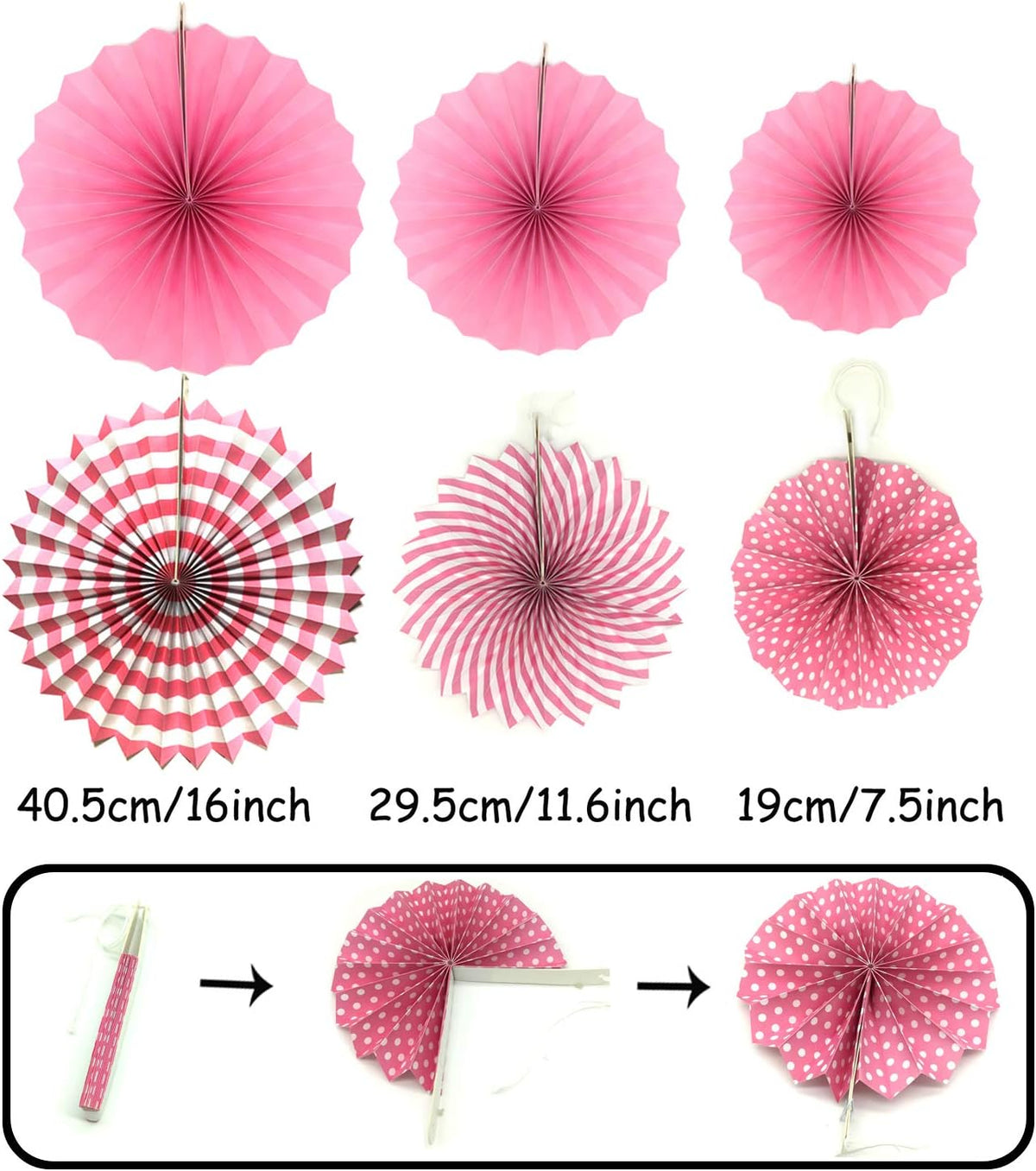 ZERODECO Party Decoration, 21 Pcs Pink Hanging Paper Fans, Pom Poms Flowers, Garlands String Polka