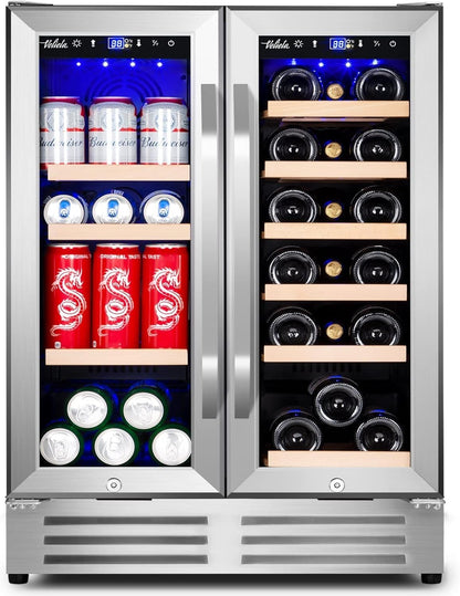 Wine and Beverage Refrigerator, 24 Inch Dual Zone Fridge with Glass Door, Built-In Cooler with