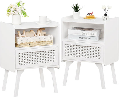 Lerliuo Rattan Nightstands Set of 2, Side Table with Drawer Open Shelf, Cane Accent Bedside End