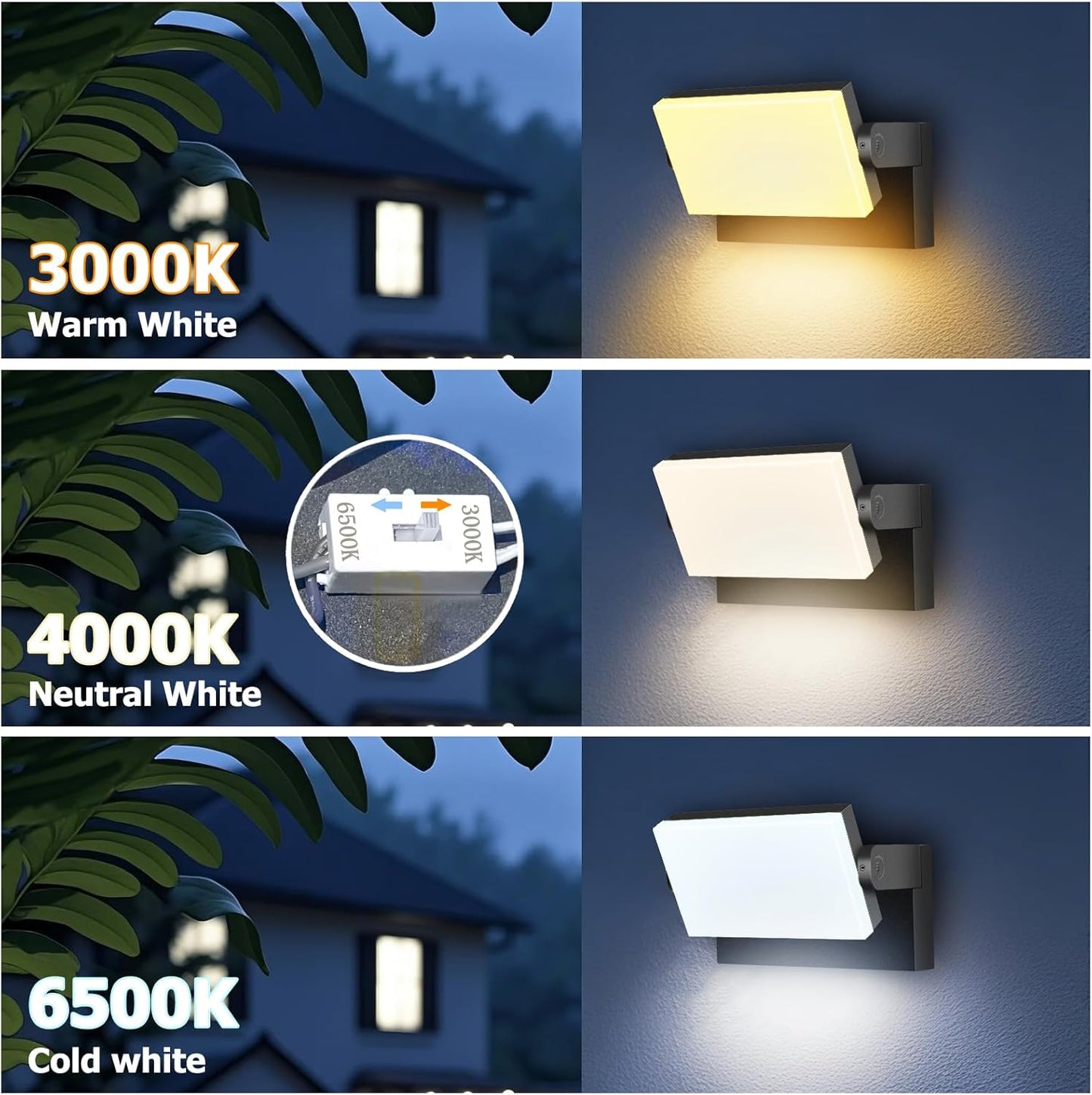 60W LED Outdoor Wall Lights with 360°Rotation, Flood Lights Outdoor 5000K 4000K 3000K 3 Colors