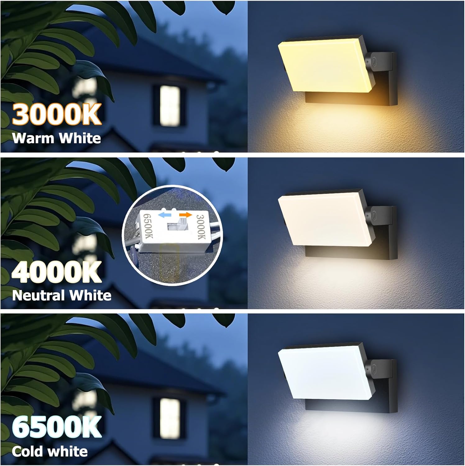 60W LED Outdoor Wall Lights with 360°Rotation, Flood Lights Outdoor 5000K 4000K 3000K 3 Colors
