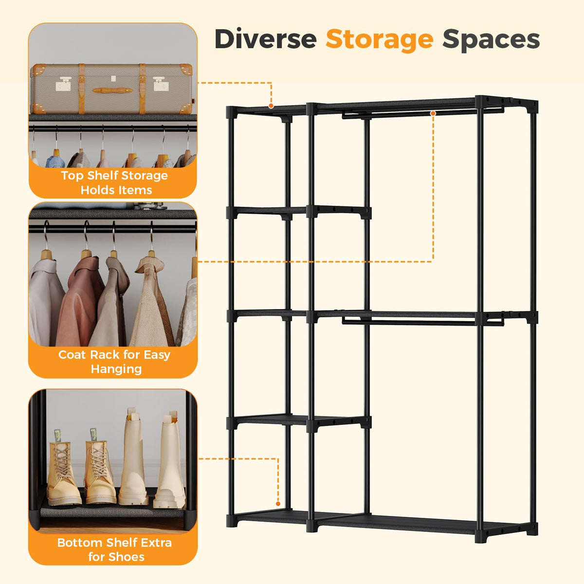 OLIXIS Heavy Duty Clothes Rack, Portable Wardrobe Closet, 49" L, Black