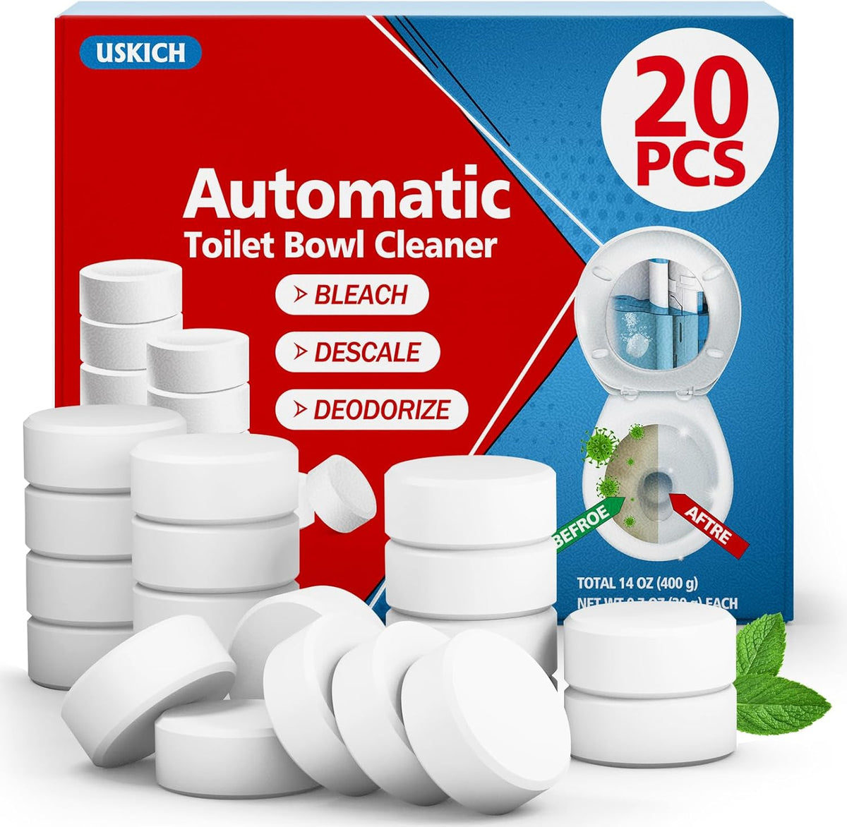 USKICH Toilet Bowl Cleaner Tablets 20 PACK, Bathroom Automatic Toilet Tank Cleaners with Bleach