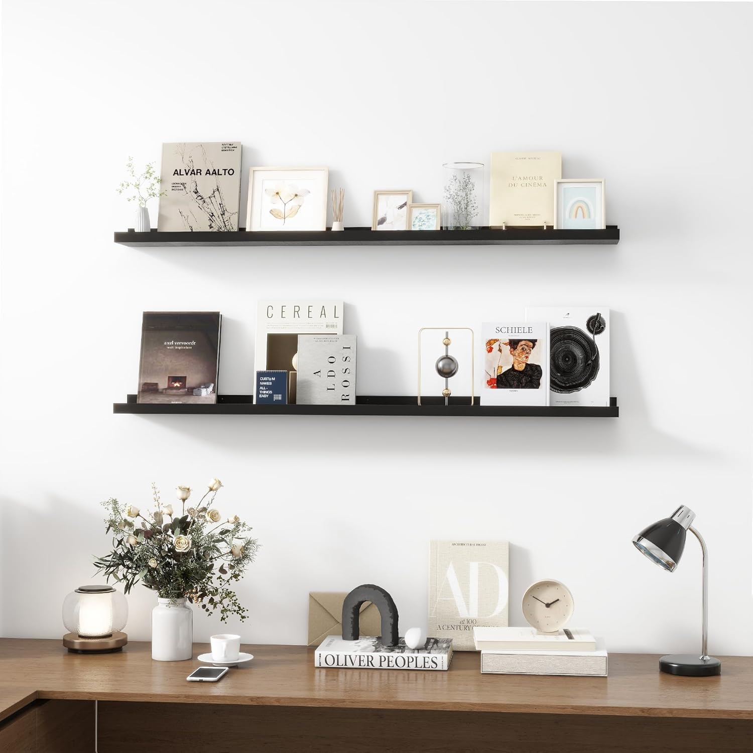 Picture Ledge Shelf, Wood Long Floating Shelves for Wall, Set of 2, 48 inch Picture Ledge Shelves