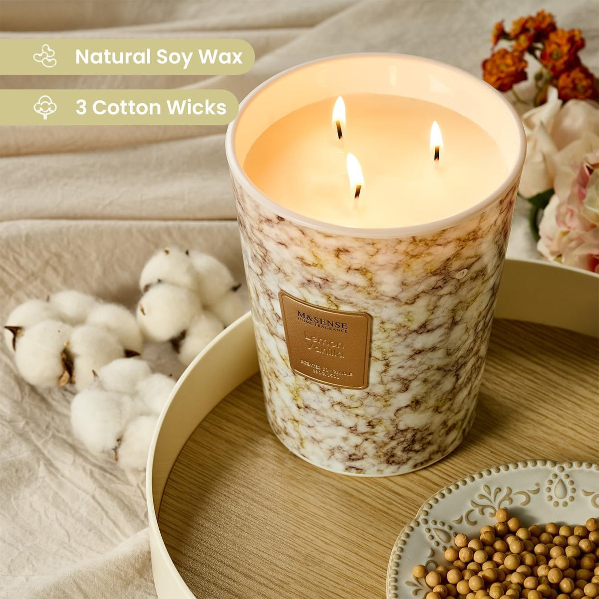 M&SENSE Sugared Lemon Zest Scented Candles for Home, 3-Wick Highly Scented Jar Candles, Extra Large
