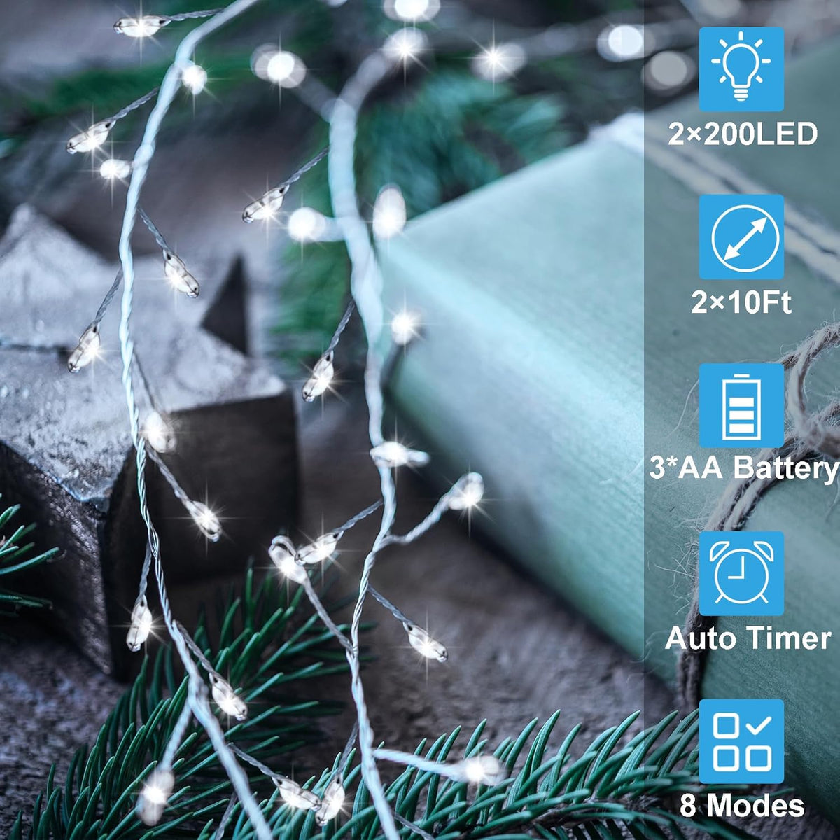 2 Pack Cluster Fairy Lights Battery Operated, Total 20Ft 400 LED Christmas Lights String with Timer