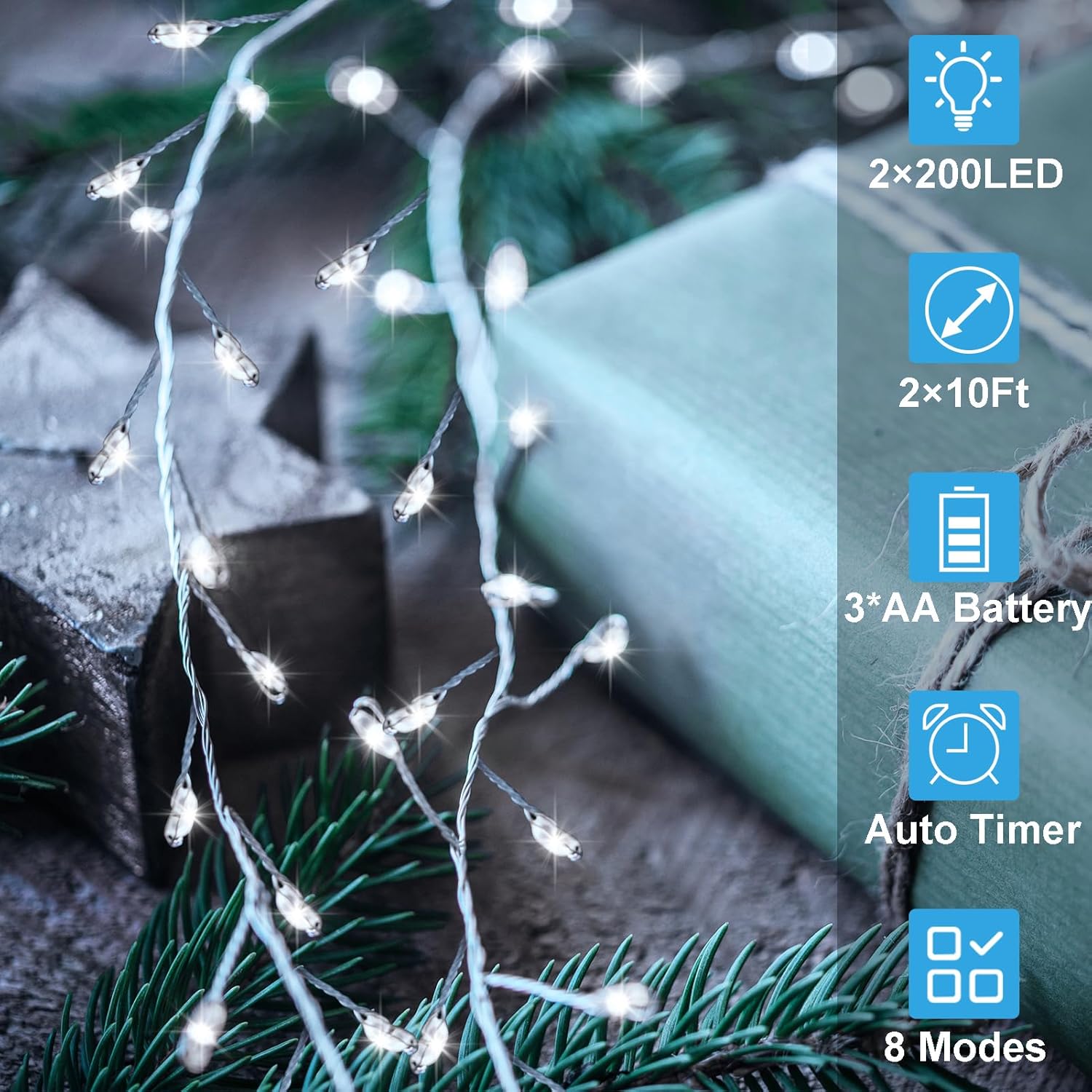 2 Pack Cluster Fairy Lights Battery Operated, Total 20Ft 400 LED Christmas Lights String with Timer