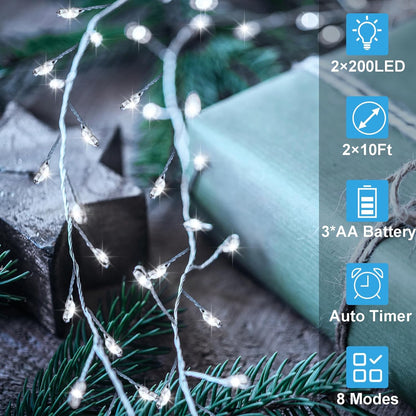 2 Pack Cluster Fairy Lights Battery Operated, Total 20Ft 400 LED Christmas Lights String with Timer