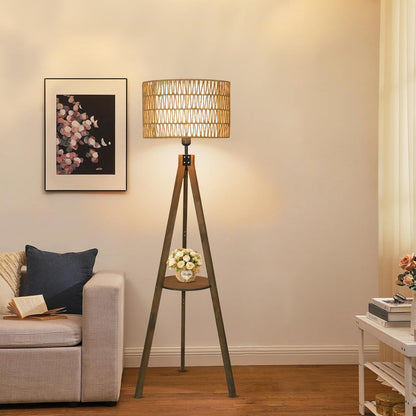 Boho Tripod Floor Lamps for Living Room, Rattan Wood Floor Lamp with Fabric Shades, Mid Century