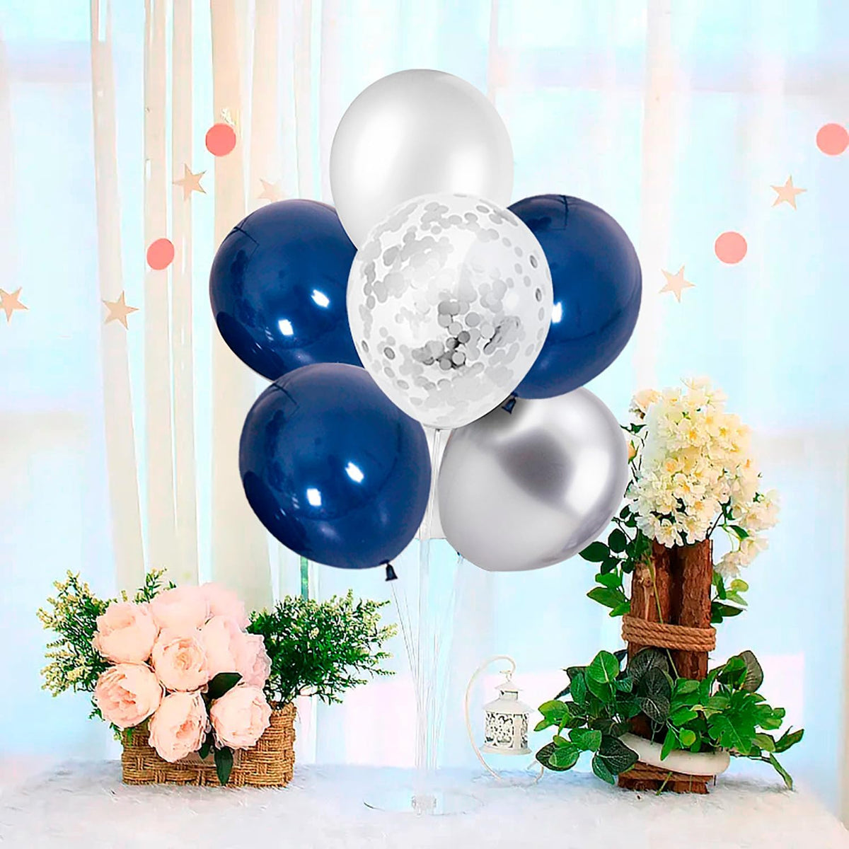 Balloon Stand with Silver and Navy Blue Balloons, Centerpiece Table Decorations for Birthday