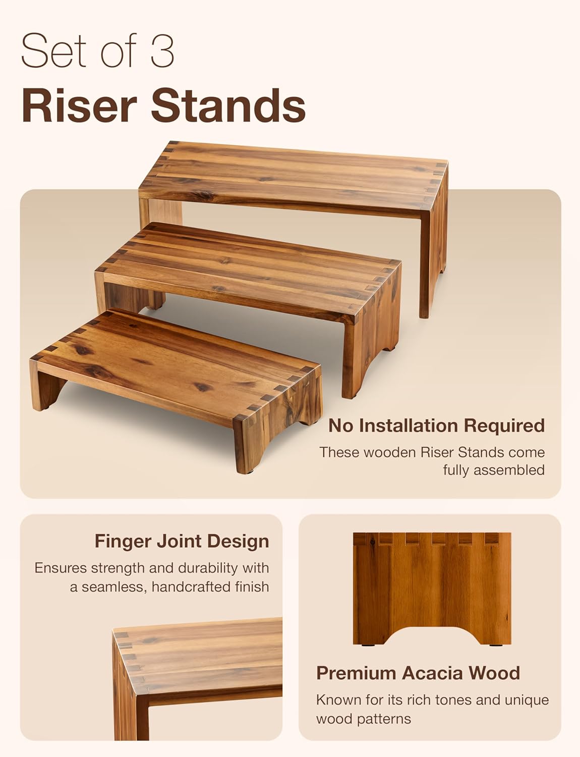 Acacia Wood Risers Display Stands Set of 3 - Wooden 3 Tier Cupcake Stand - 3 Tiered Riser for