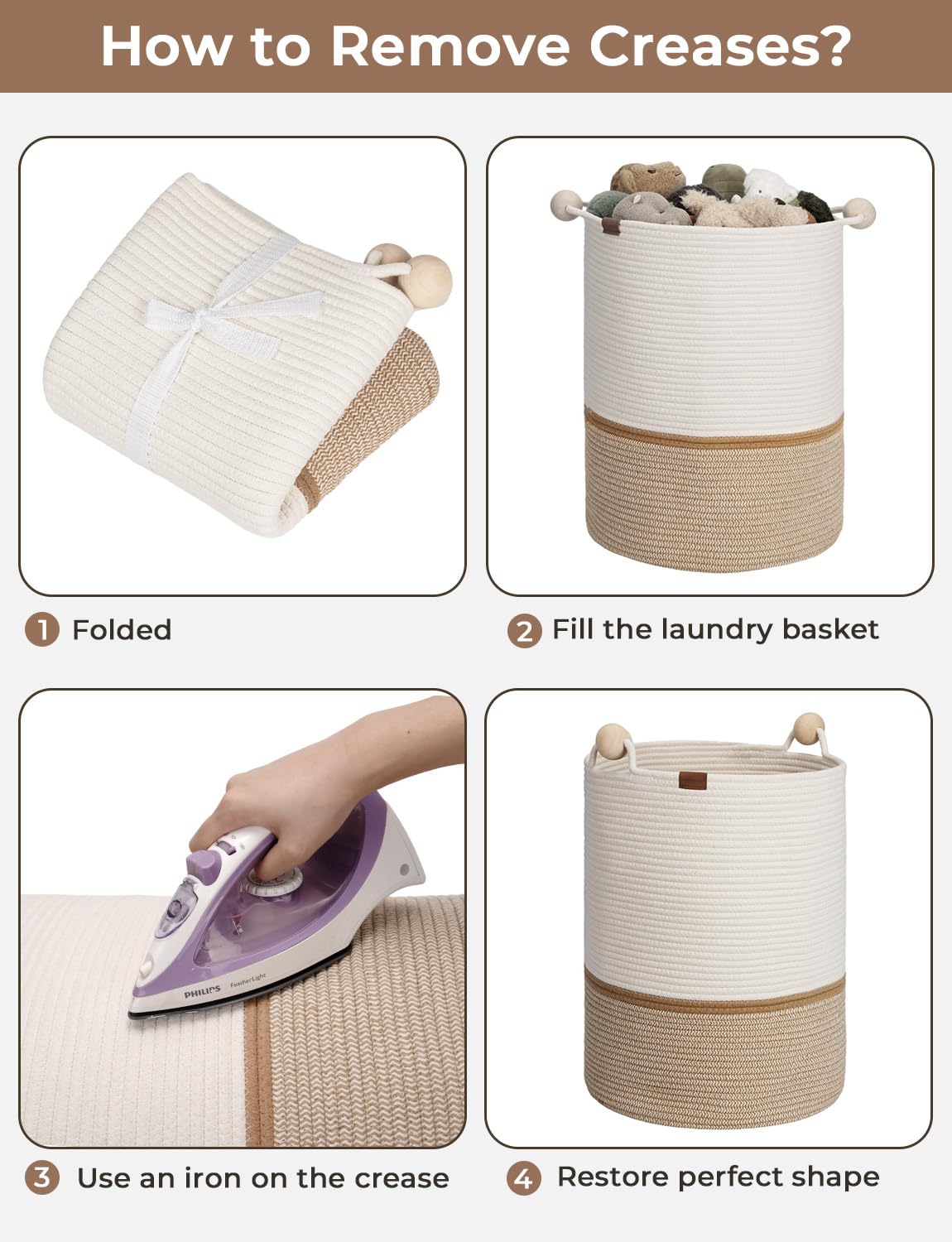 StorageWorks 58L Cotton Rope Laundry Basket with Wooden Beads Handles, Woven Basket for Storage