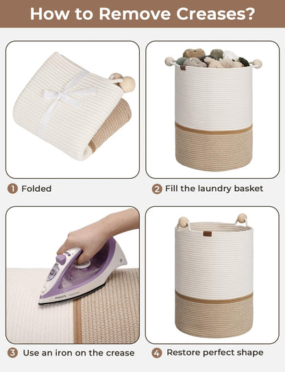 StorageWorks 58L Cotton Rope Laundry Basket with Wooden Beads Handles, Woven Basket for Storage