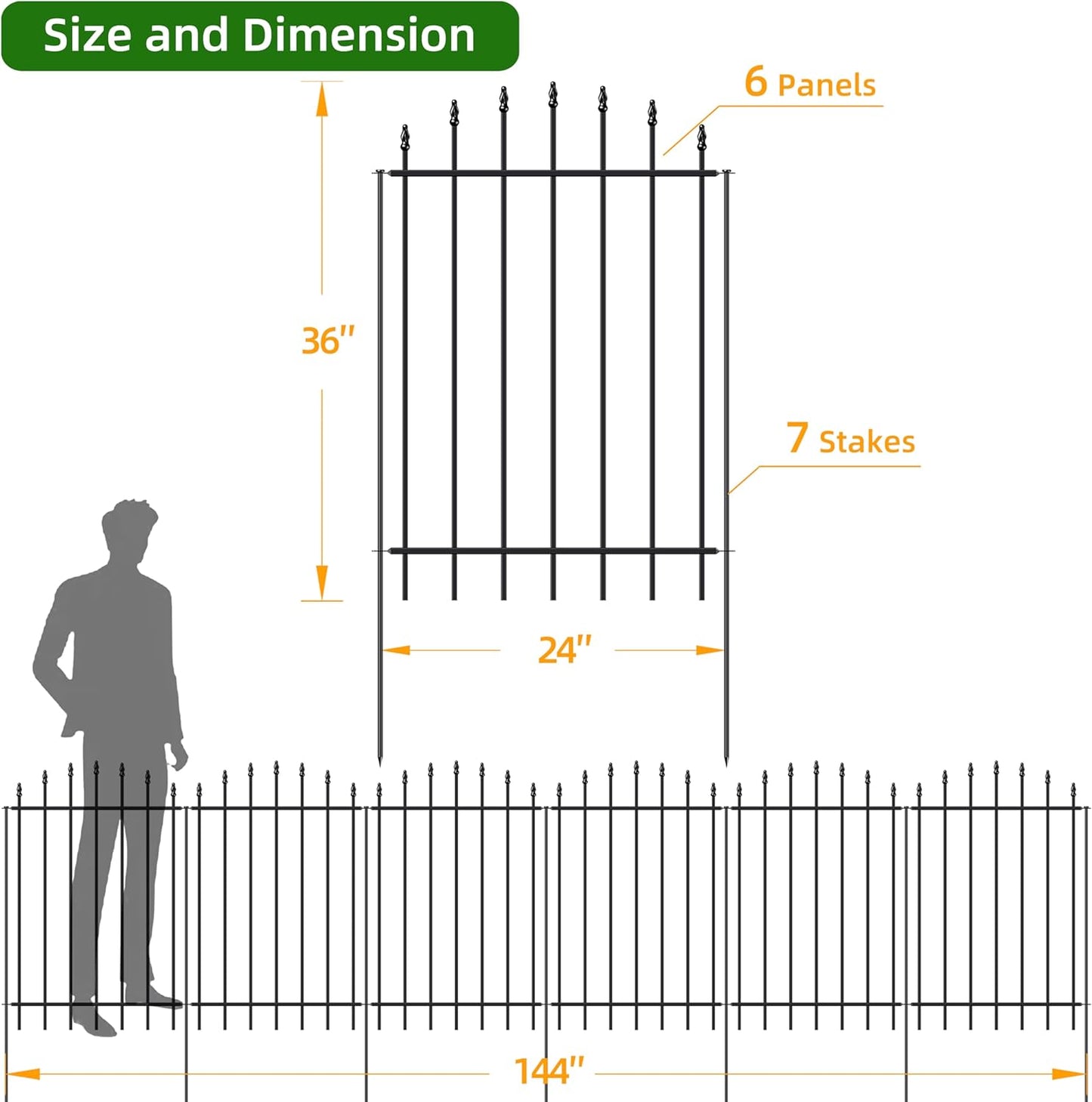 Metal Garden Fence 36 in H x 12 ft L, 6 Panels + 7 Stakes Border Dog Fence Panels Animal Barrier