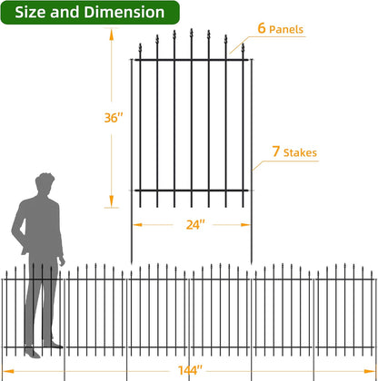 Metal Garden Fence 36 in H x 12 ft L, 6 Panels + 7 Stakes Border Dog Fence Panels Animal Barrier