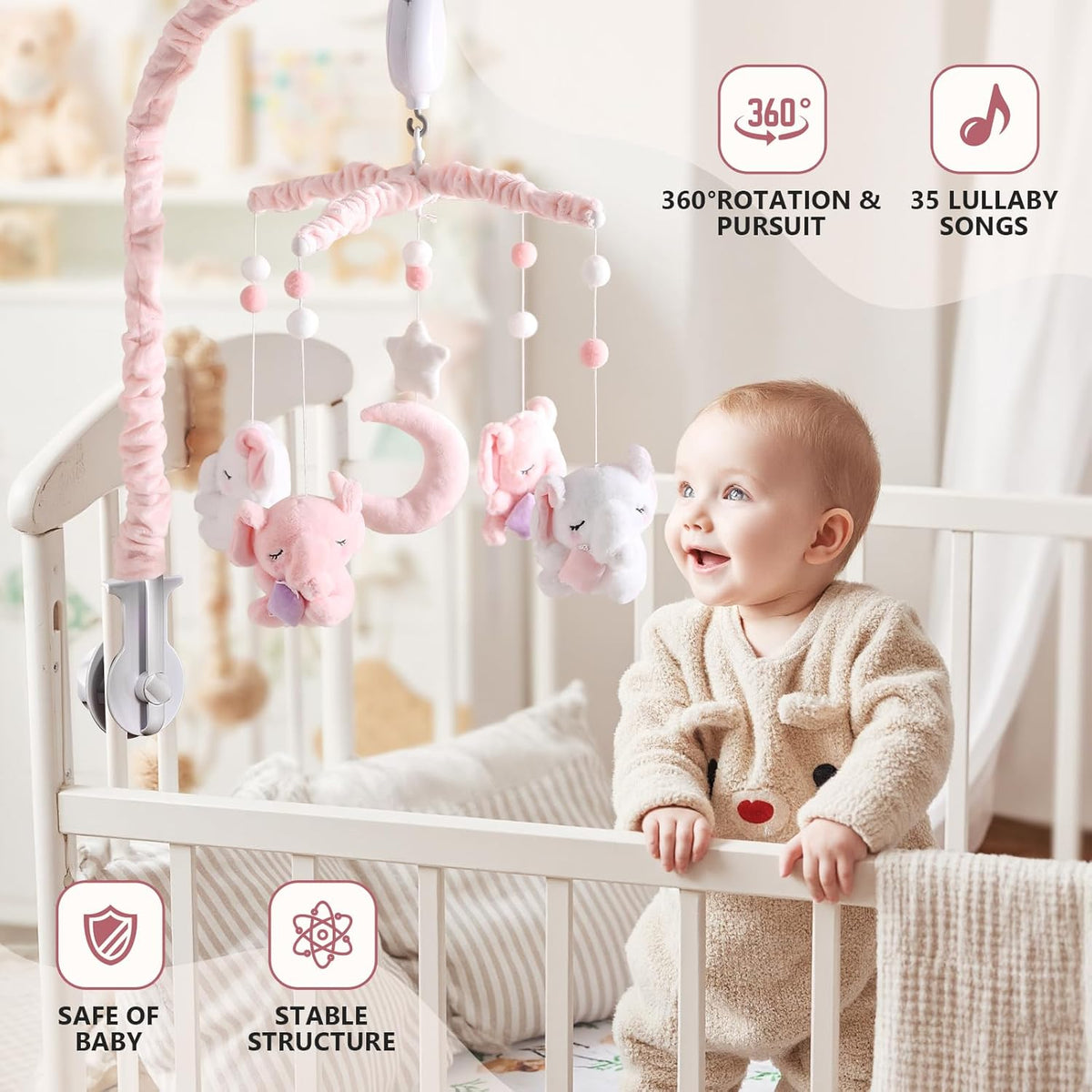 Baby Crib Mobile - Elephant Mobile for Crib with 25 Inches Mobile Arm and 35 Lullabies Musical Box