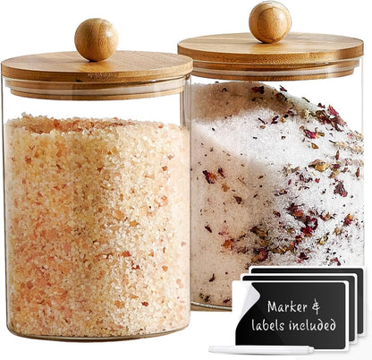 Set of 2 Large Glass Canisters for Kitchen Counter with Airtight Bamboo Lids + Marker & Labels
