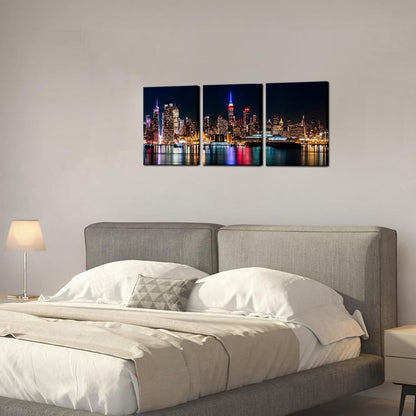 Biuteawal New York City Canvas Wall Art Manhattan Skyline Night View Picture Painting Modern Giclee