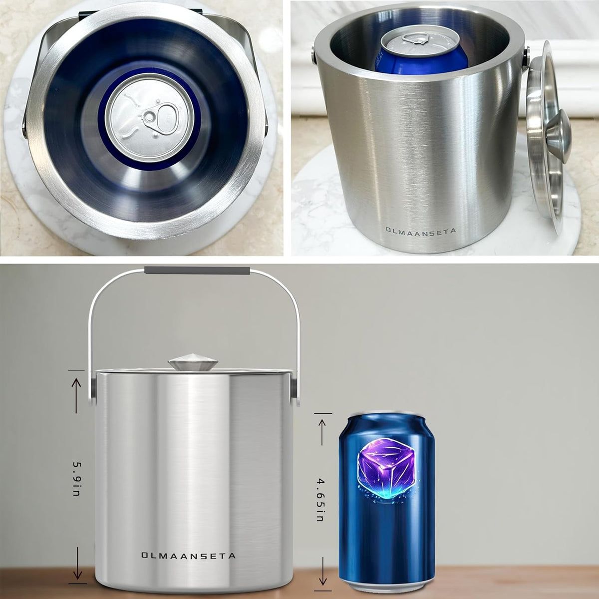 Small Ice Bucket with Lid and Tongs,1.3L Portable Mini Double Walled Ice Cube Bucket for Cocktail