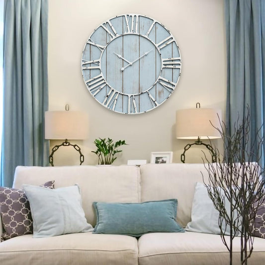 Large Farmhouse Wall Clock 24 Inch Vintage Blue Wooden Wall Clock with Quiet Ticking and Minimalist