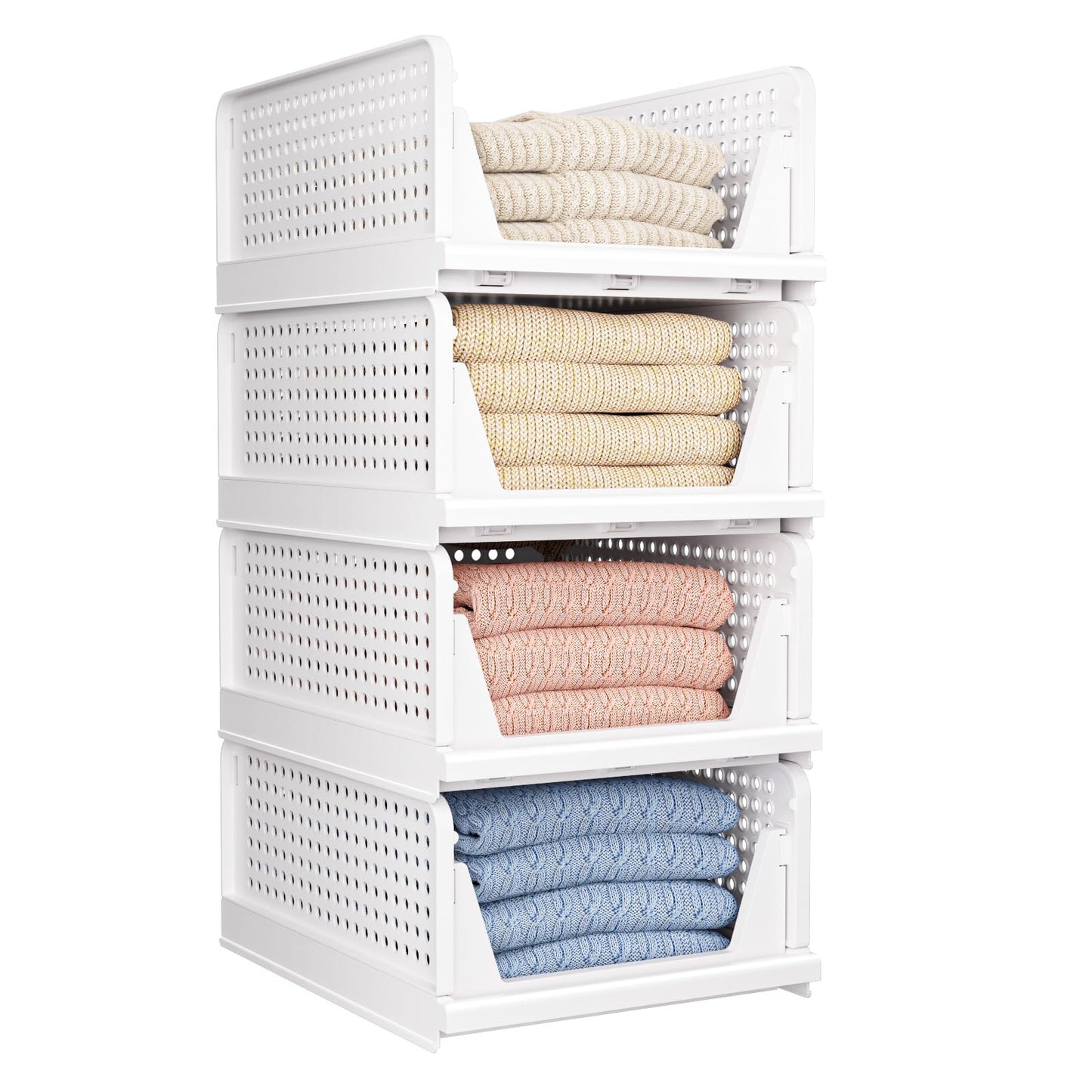 4 Pack Folding Closet Organizers Storage Box, Stackable Storage Bins, Plastic Drawer Basket Closet