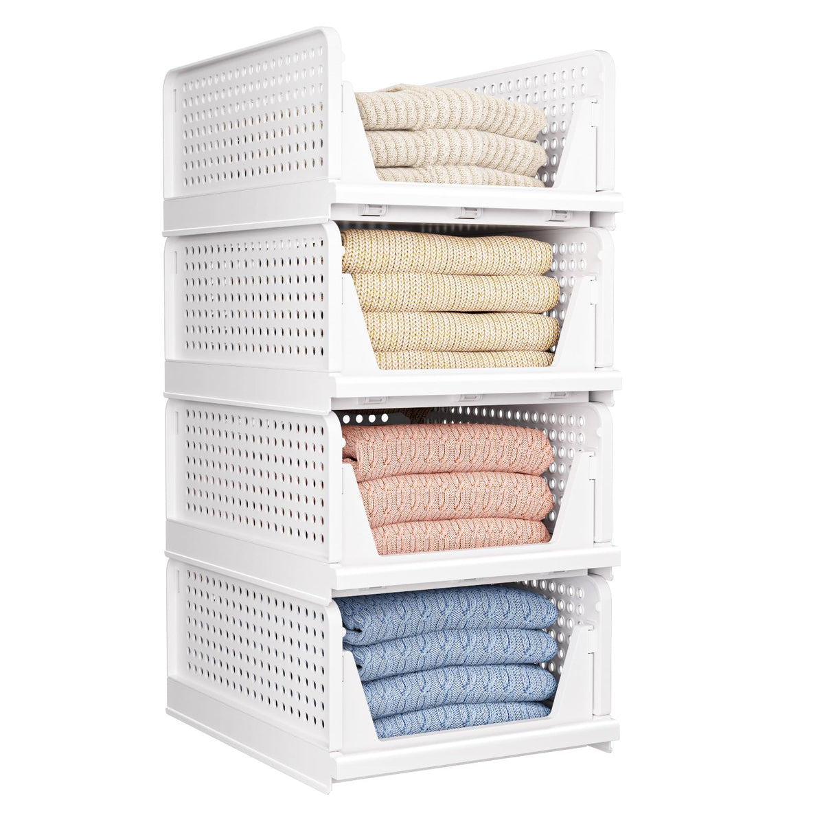 4 Pack Folding Closet Organizers Storage Box, Stackable Storage Bins, Plastic Drawer Basket Closet