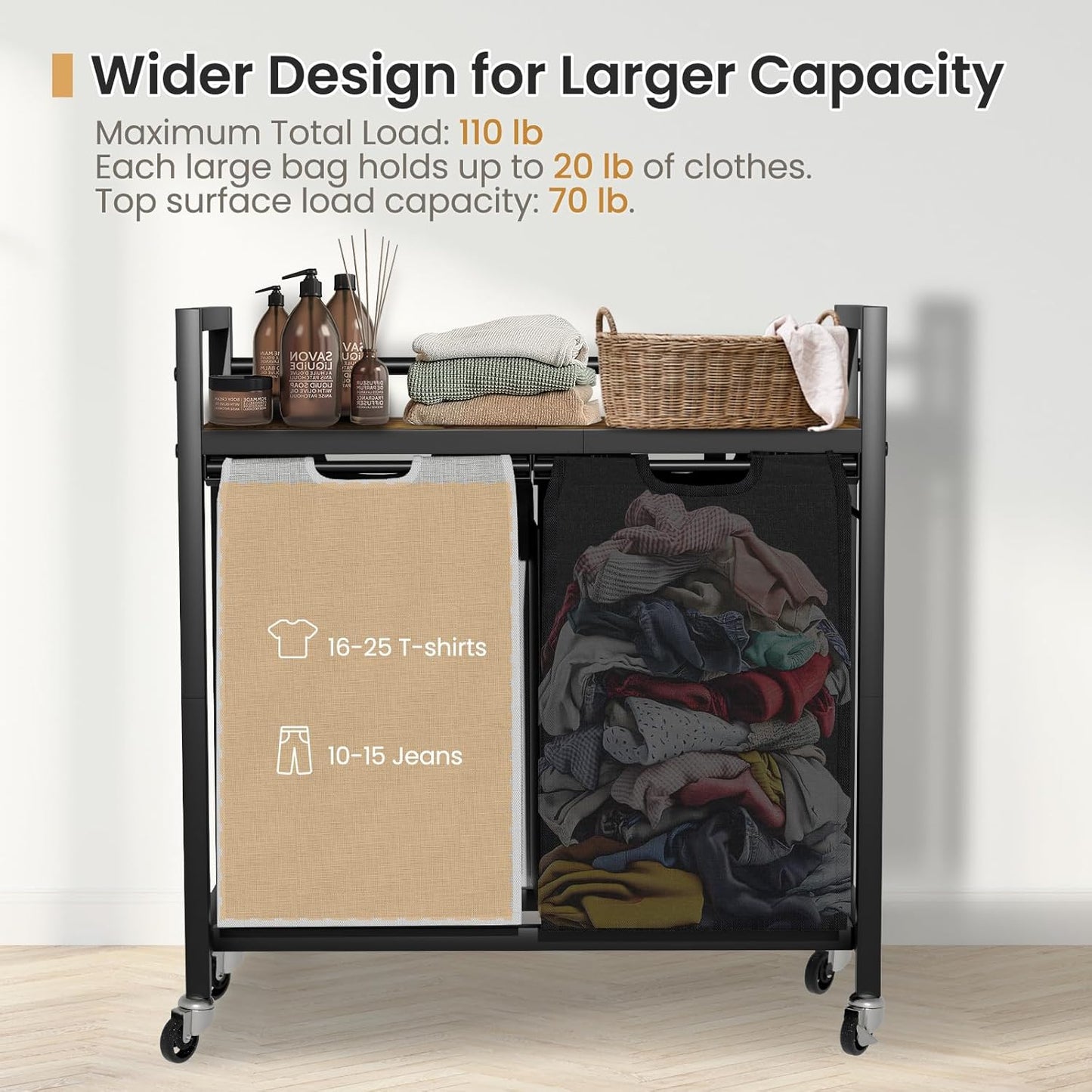 Laundry Hamper, Laundry Basket, Laundry Sorter with 2 Removable Bags, Clothes Basket with 2
