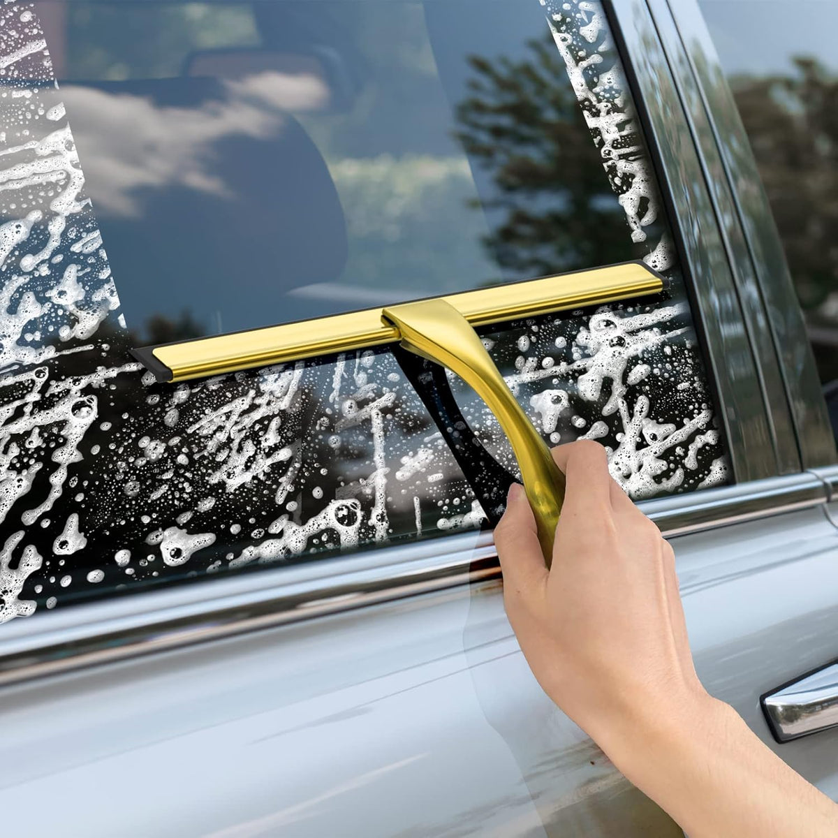 All-Purpose Stainless Steel Shower Squeegee for Shower Doors with 2 Adhesive Hooks, Bathroom