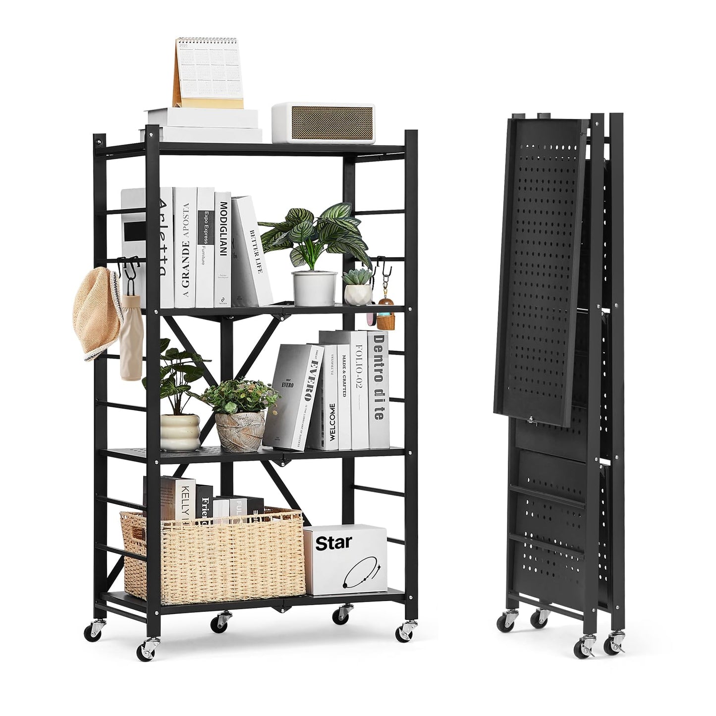 VEVOR 4-Tier Foldable Storage Shelf, 26W x 13D x 46H Inch Folding Metal Rack Shelving Unit, No
