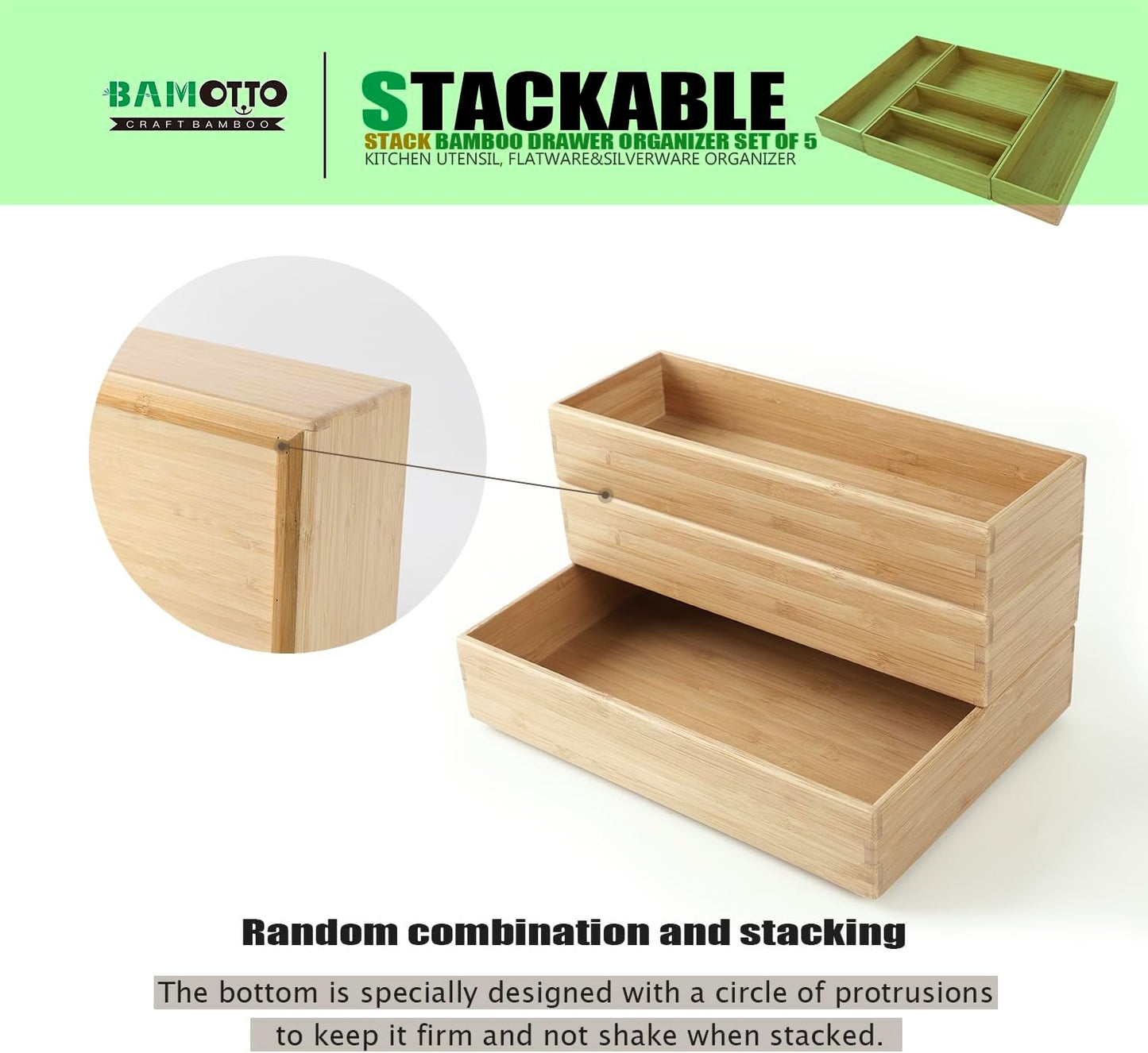 Stack Bamboo Drawer Organizer Set of 5, Kitchen Utensil, Flatware&Silverware Organizer-Wood