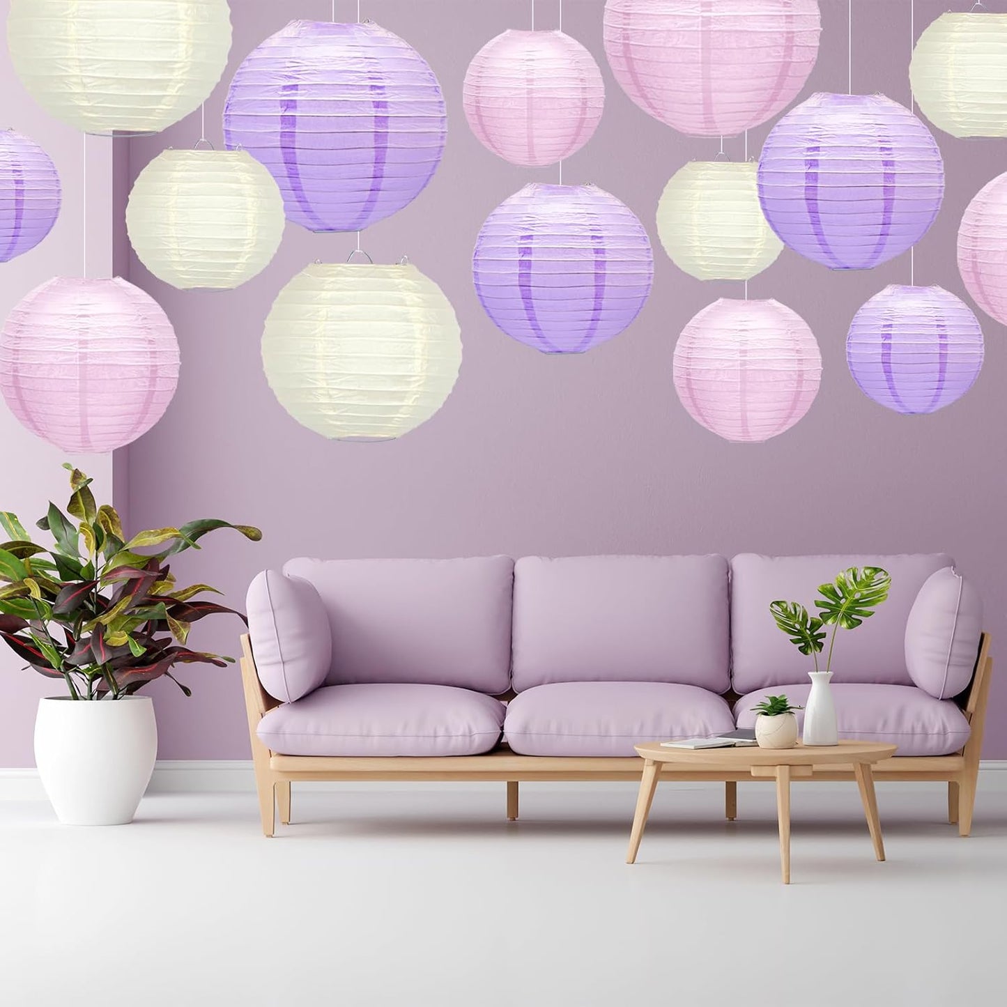 15Pcs Paper Lanterns Decorative, Pink Purple White Hanging Lantern for Mermaid Theme Girl Birthday