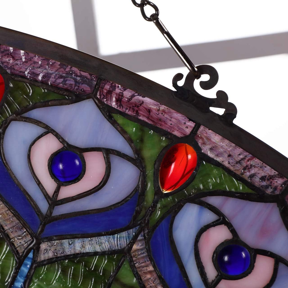 Bieye W10034 Peacock Feather Tiffany Style Stained Glass Window Panel Hangings with Chain, 36