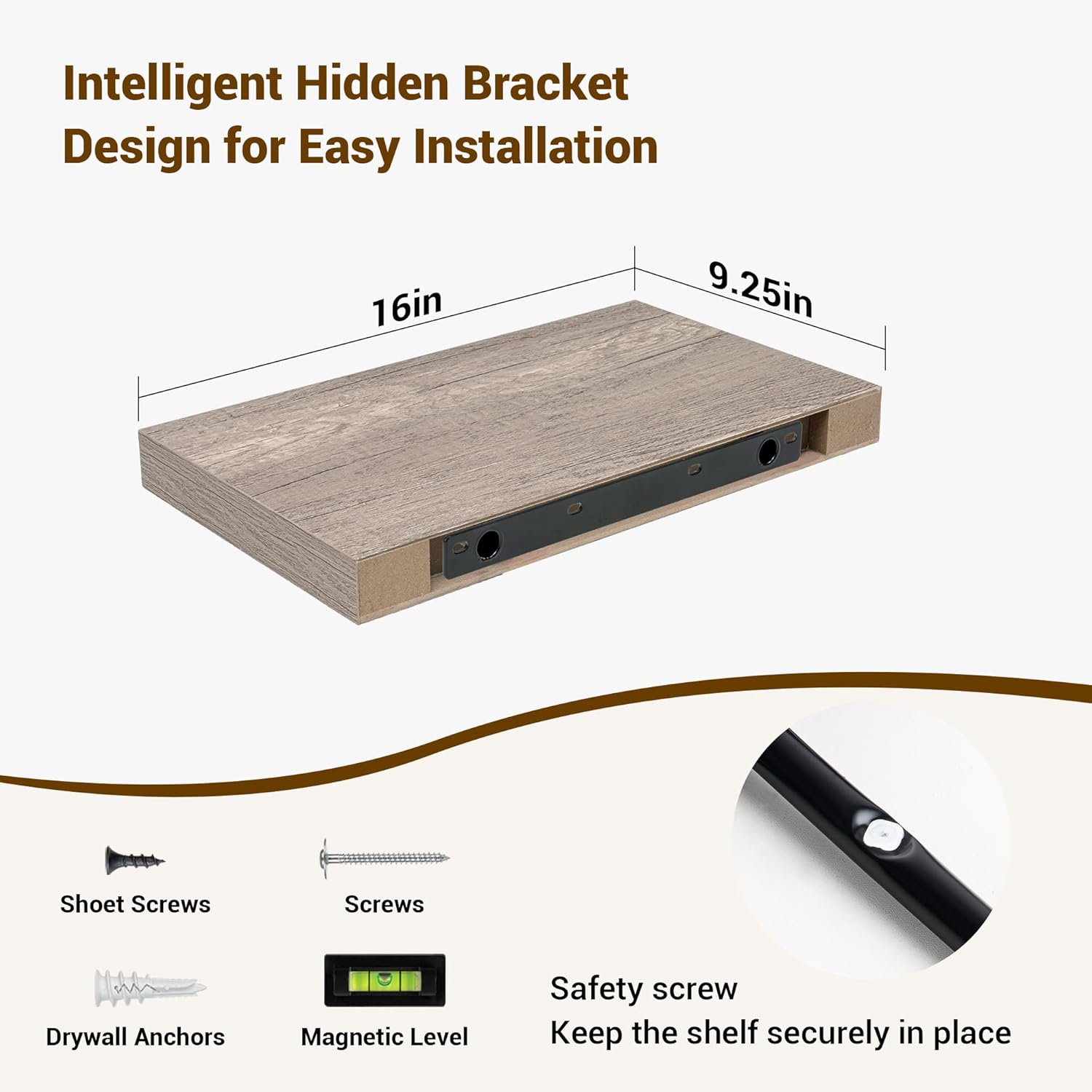 16 Inch Floating Shelves, 3D Textured Wood Grain, 16"x9.25"x1.5" Inch Deep Floating Shelves for