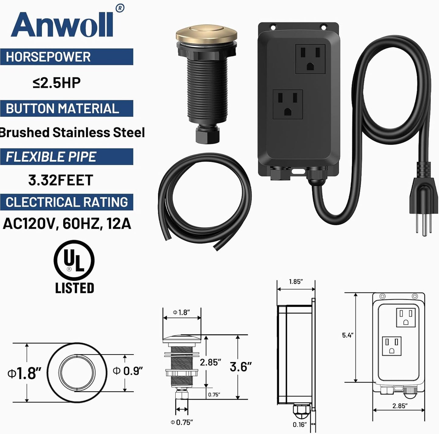 Garbage Disposal Air Switch Kit -Professional- Dual Outlet, Sink Top Waste Disposer On/Off, Garbage