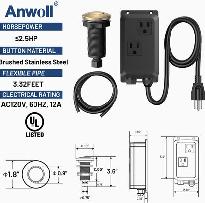 Garbage Disposal Air Switch Kit -Professional- Dual Outlet, Sink Top Waste Disposer On/Off, Garbage