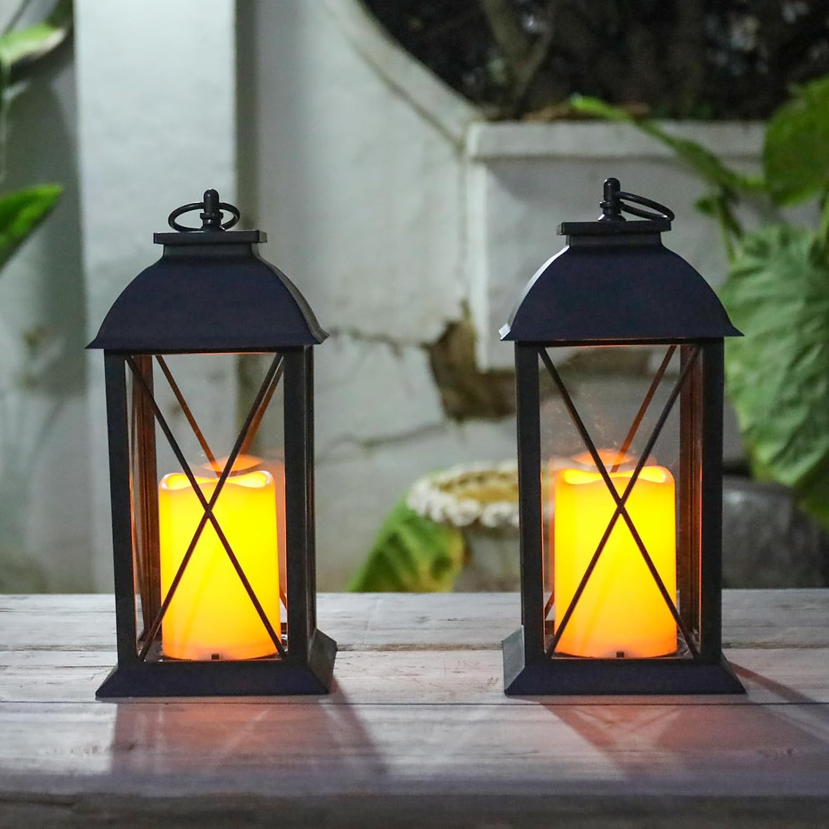 2 Pack 13-Inch Black Decorative Lantern with LED Candle, Battery Operated, Lightweight and Durable