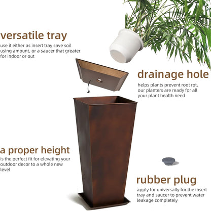 KOL 25''H. Tall Galvanized Steel Planter with Saucer, Set of 2, Planter Pots with Drainage Hole for