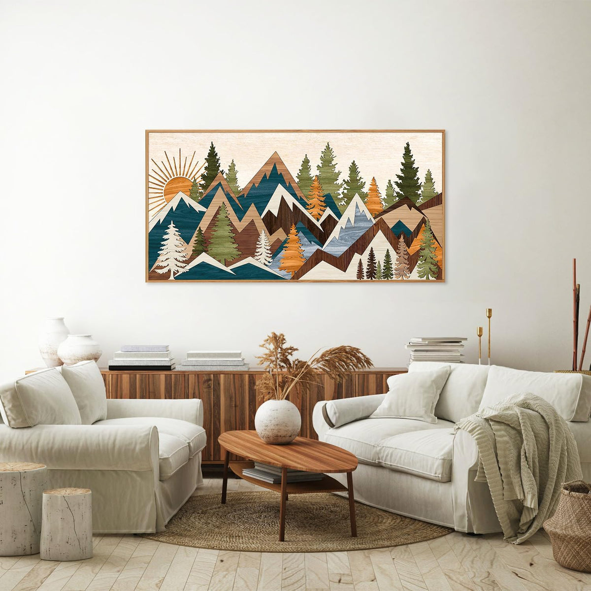 Tinonedraw Large Metal Mountain Framed Canvas Wall Art, Boho Rustic Sunrise Forest Wall Decor, 3