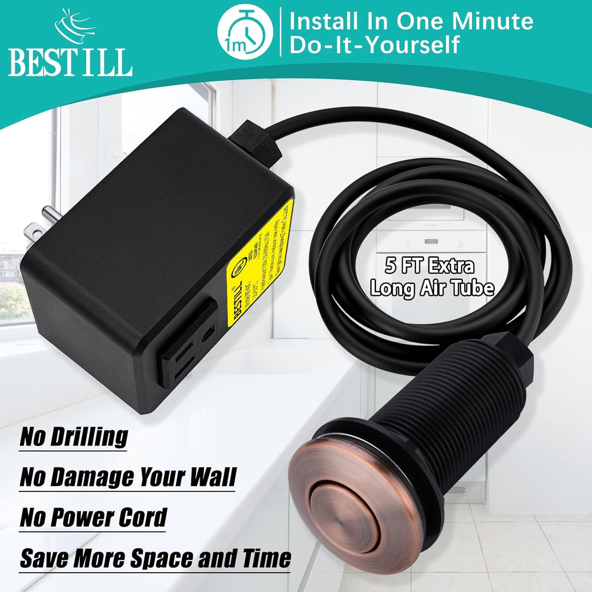 BESTILL Garbage Disposal Air Switch Kit - UL Listed, Cordless Sink Top Switch Button for Waste